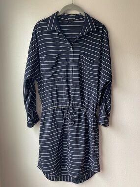 100% Silk Club Monaco Pencil Striped Button Up Drawstring Shirt Dress